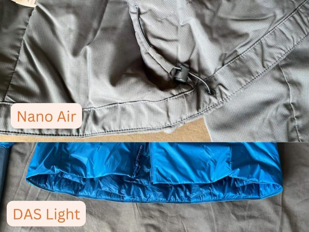 Patagonia Nano Air vs DAS Light: Hem cinch cords