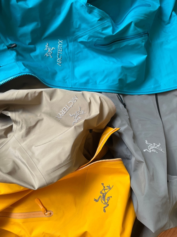 Arc'teryx hardshells in Edziza, Blue Tetra, Void and Smoke Bluff colors.