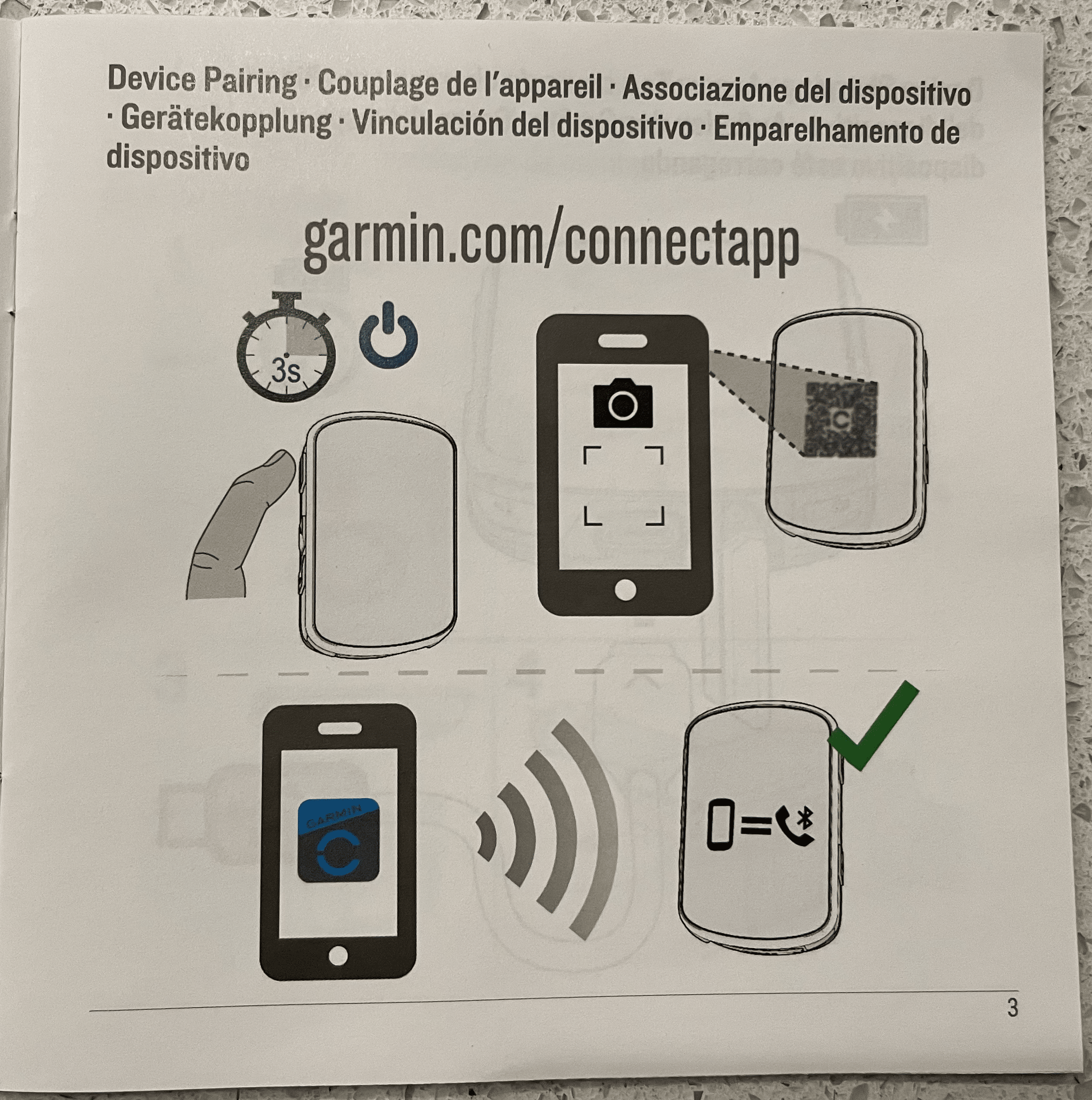Garmin Edge 840 instructions showing the QR Code to configure.