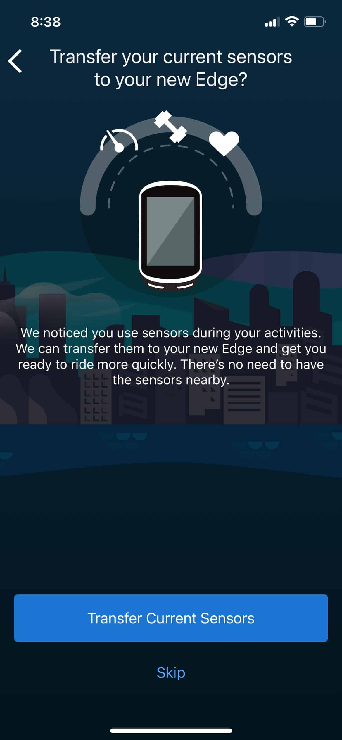 Garmin Edge 840 setup screen showing the option to automatically load previous sensors.