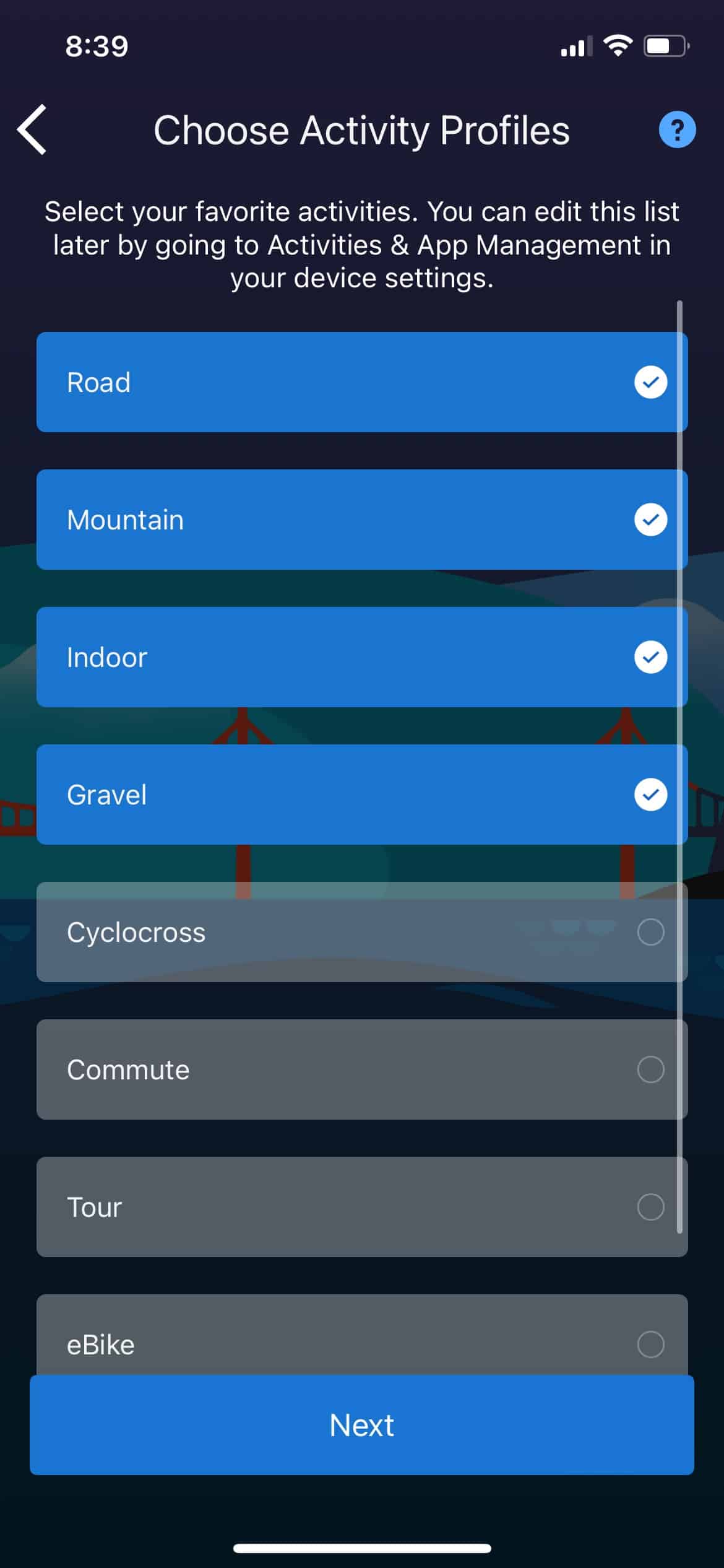 Garmin Edge 840 setup screen showing initial activity selection