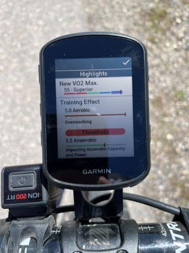 Garmin Edge 840 showing post-ride results.