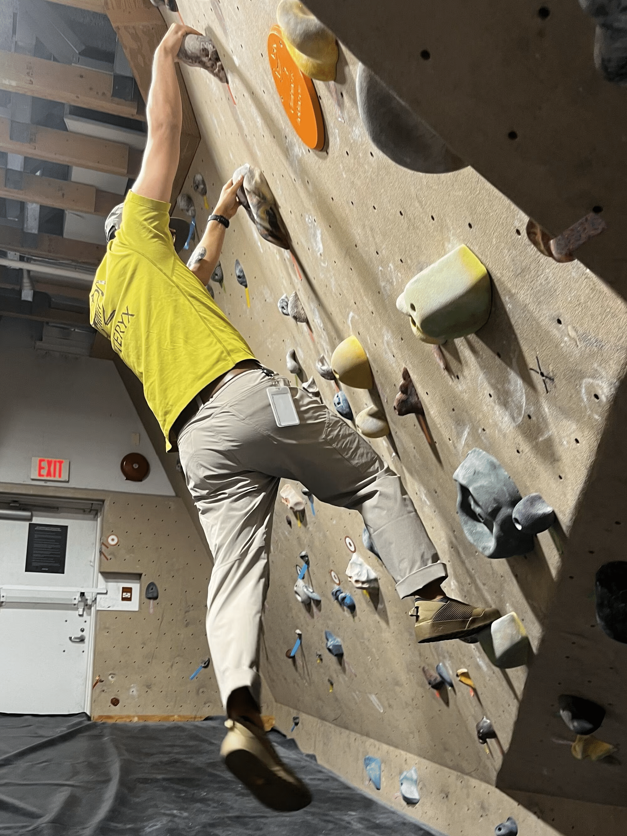 Indoor rock climber wearing the Arcteryx Kragg mens shoe