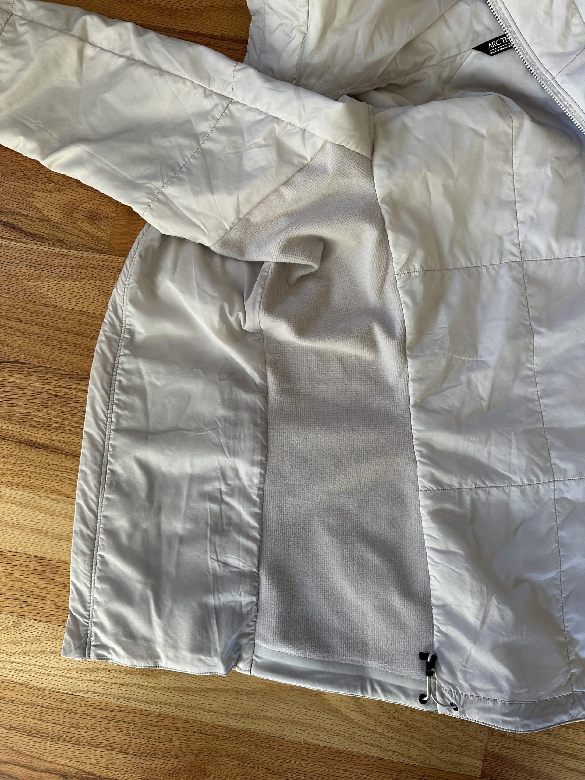 Inside-out sleeve and side panel of the Arc'teryx Atom Hoody