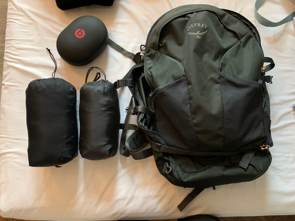 Thorium Hoody and Cerium Hoody packed in stuff sacks