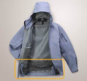 Arc'teryx Sabre Jacket for skiing with powder skirt highlighted
