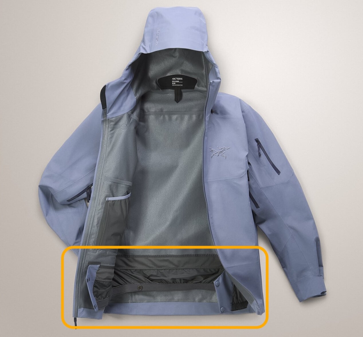 Arc'teryx Sabre Jacket for skiing with powder skirt highlighted