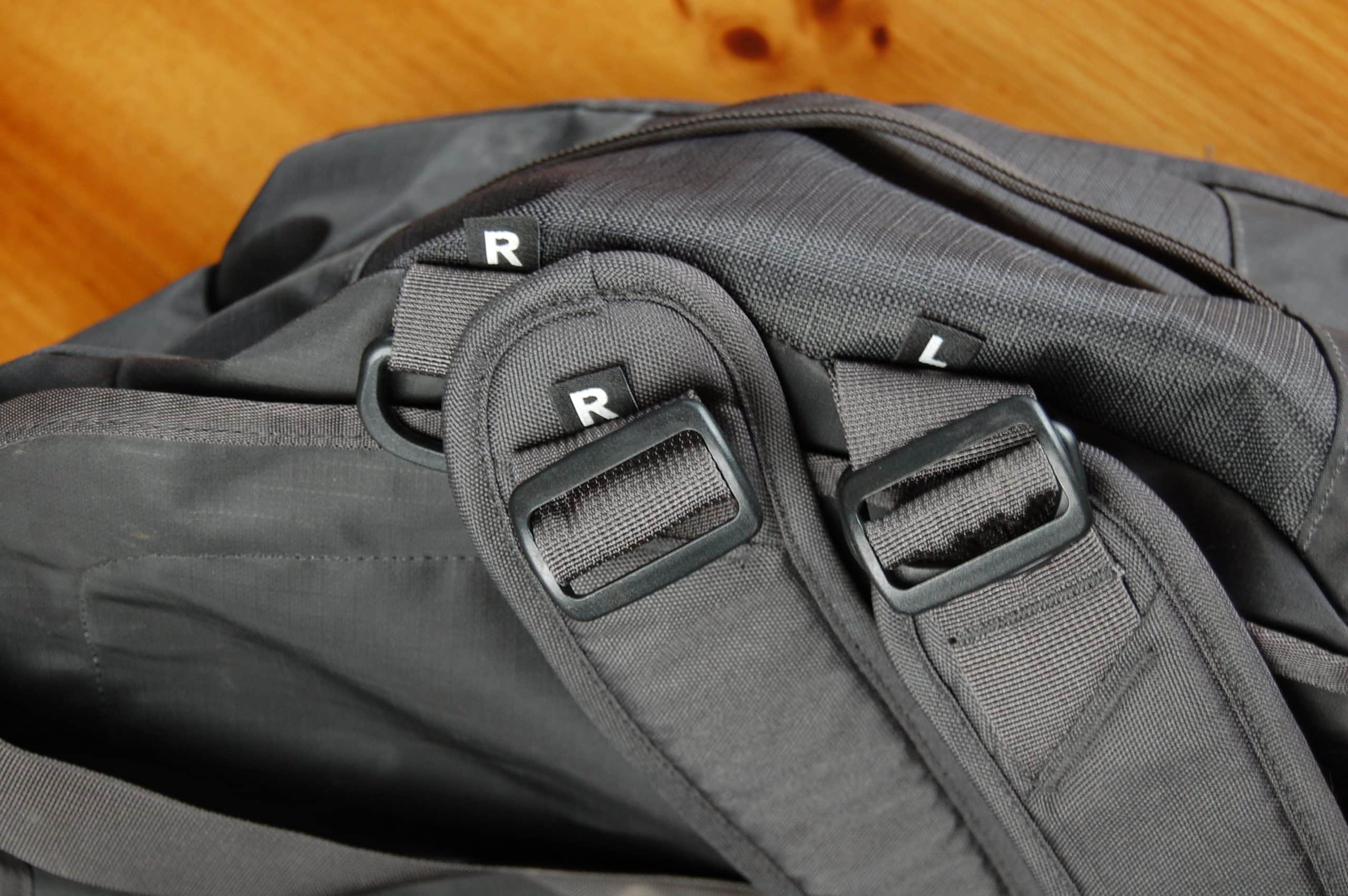 An image showing the attachment point for backpack straps on a Patagonia Black Hole duffel.
