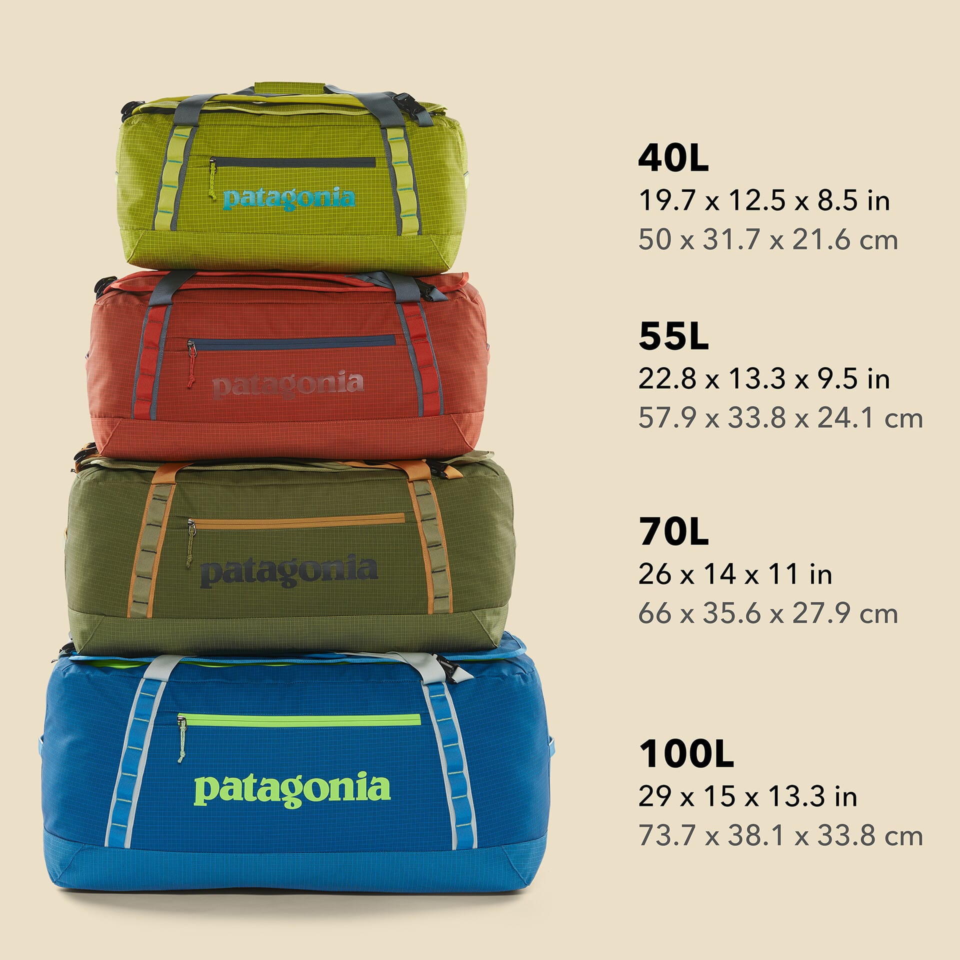 A stack of Patagonia Black Hole duffels showing their sizes