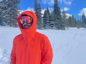 Wearing the Arc'teryx Beta Down Insulated in the snow.
