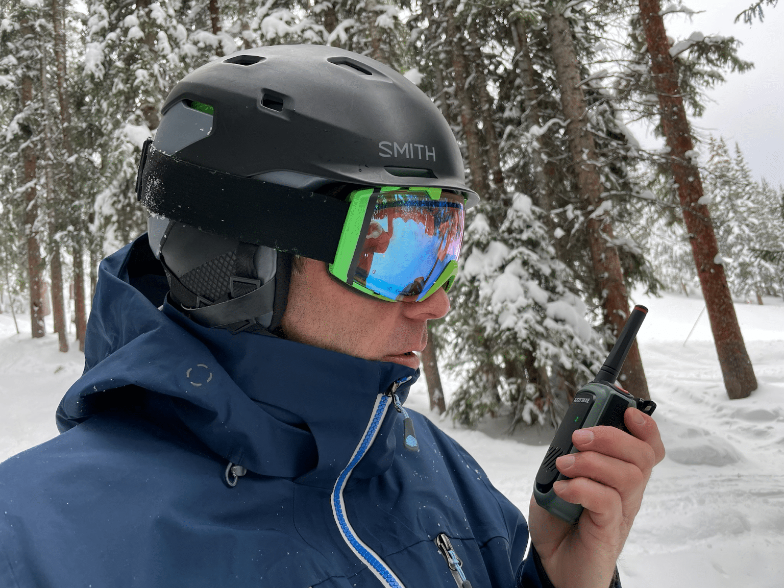 rocky_talkie_5_watt_radio_skiing_trees Using the Rocky Talkie 5-watt Radio while skiing.