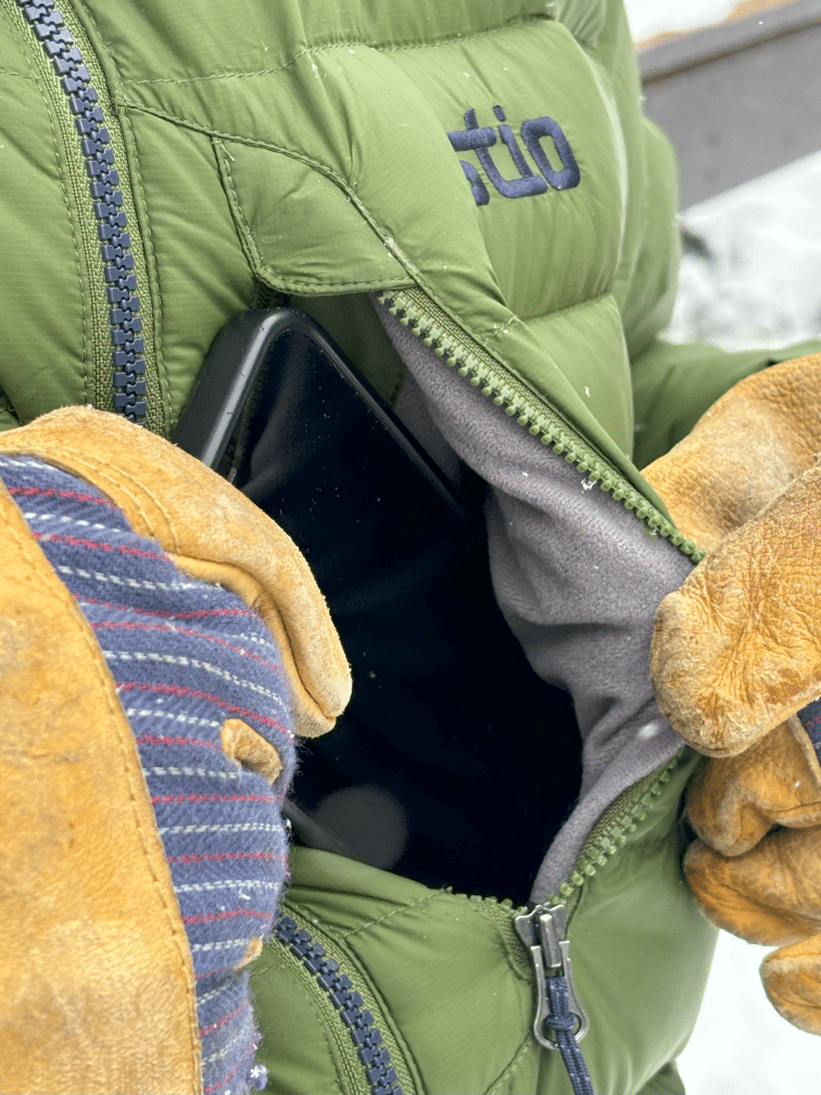 stio_hometown_down_jacket_chest_pocket An image of the fleece lining on the chest pocket of a Stio Hometown Down jacket.