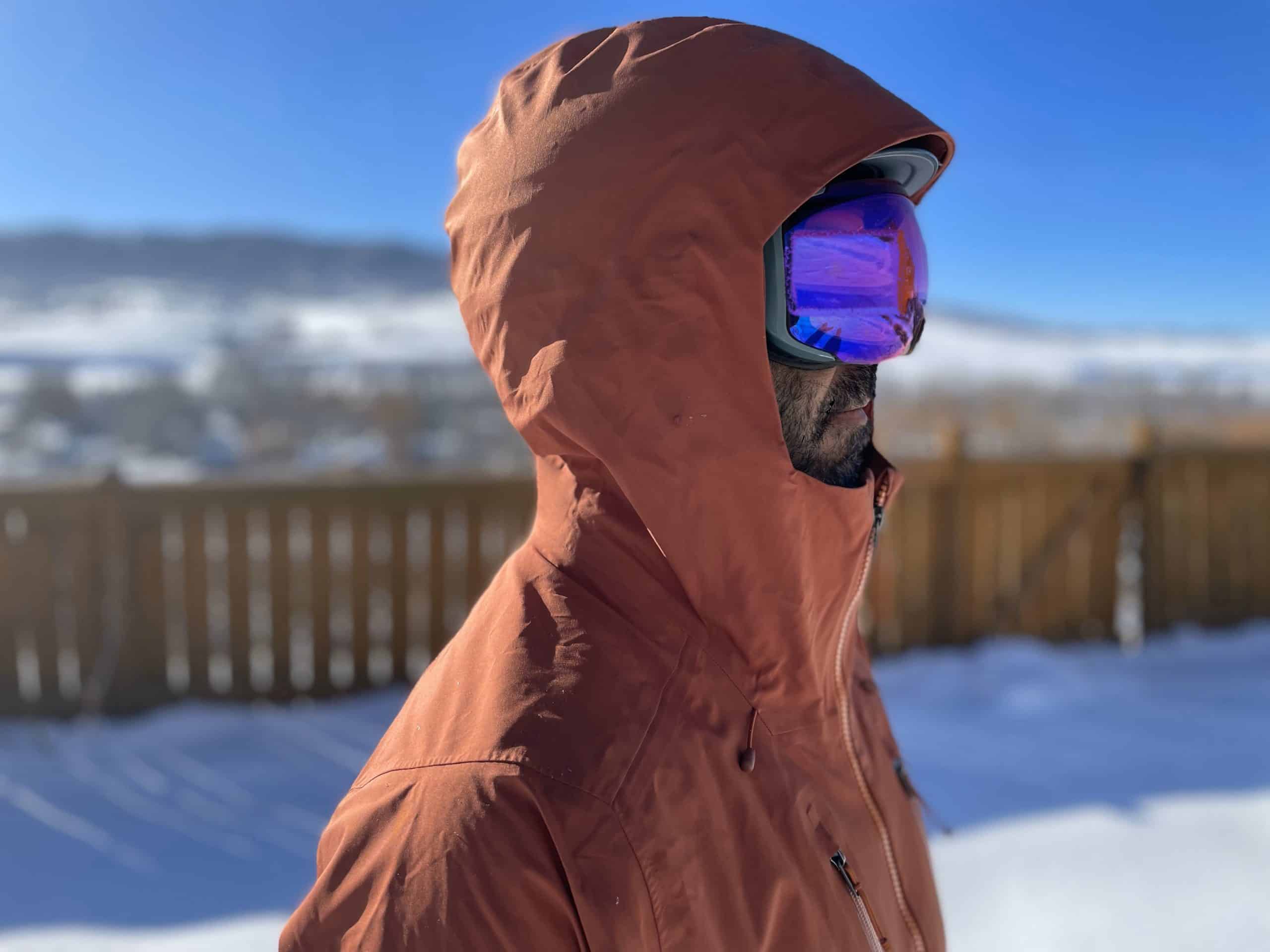 The hood on the Patagonia Stormstride backcountry ski jacket
