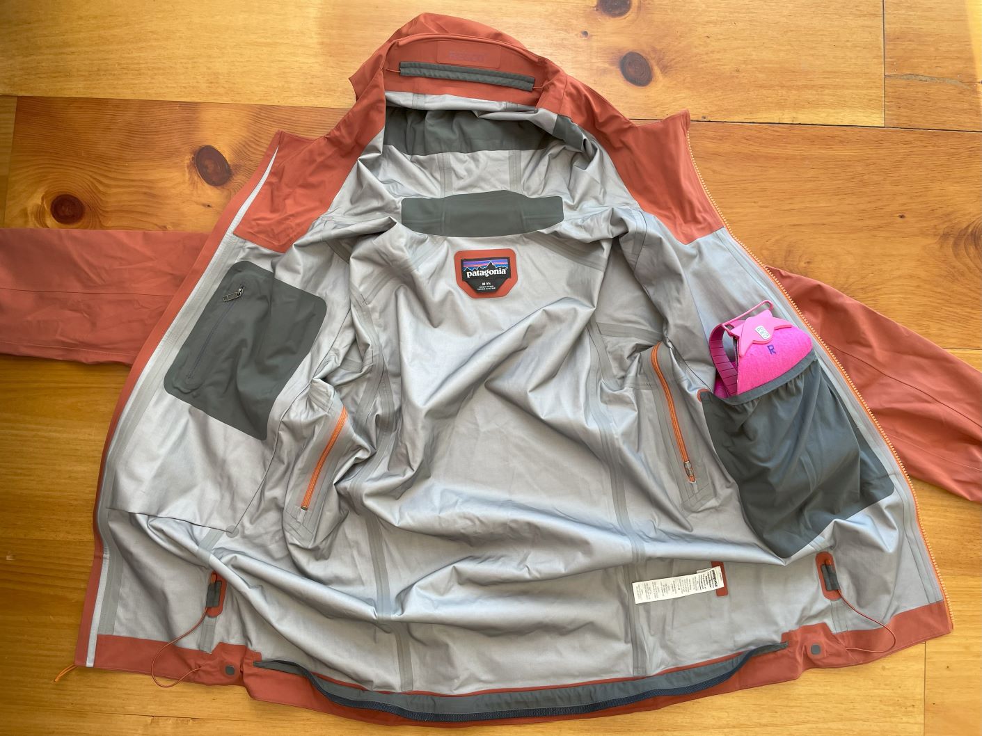 The interior of the Patagonia Stormstride backcountry ski jacket.