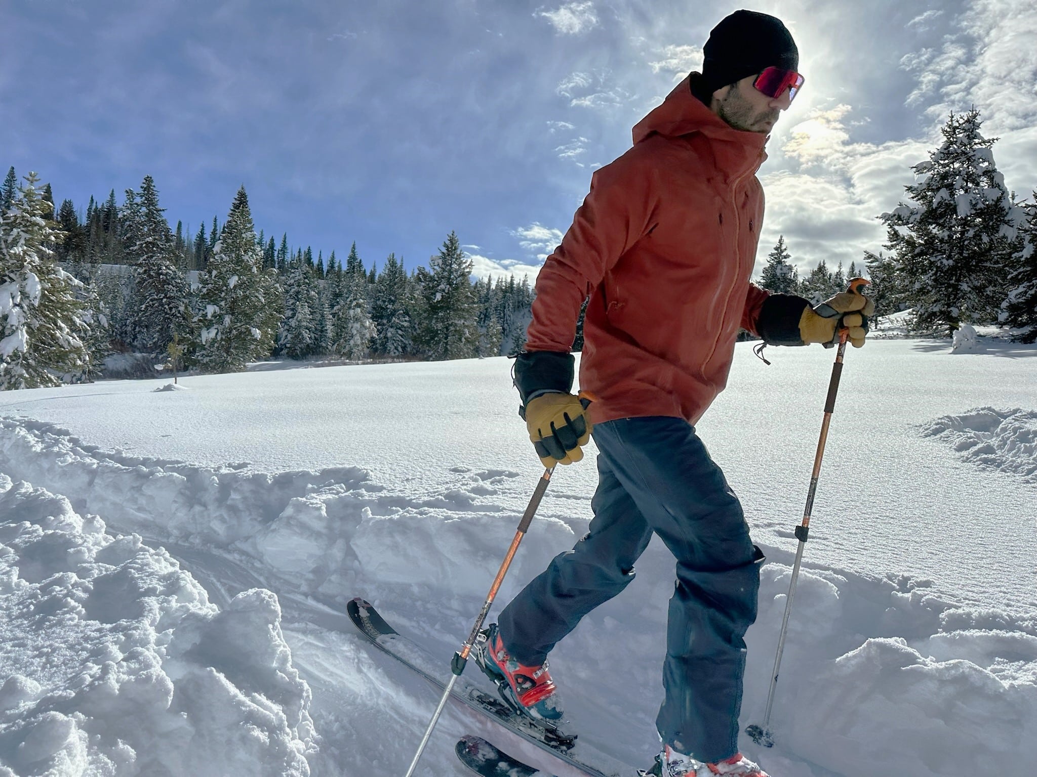 Ski touring in the Patagonia Stormstride backcountry ski jacket