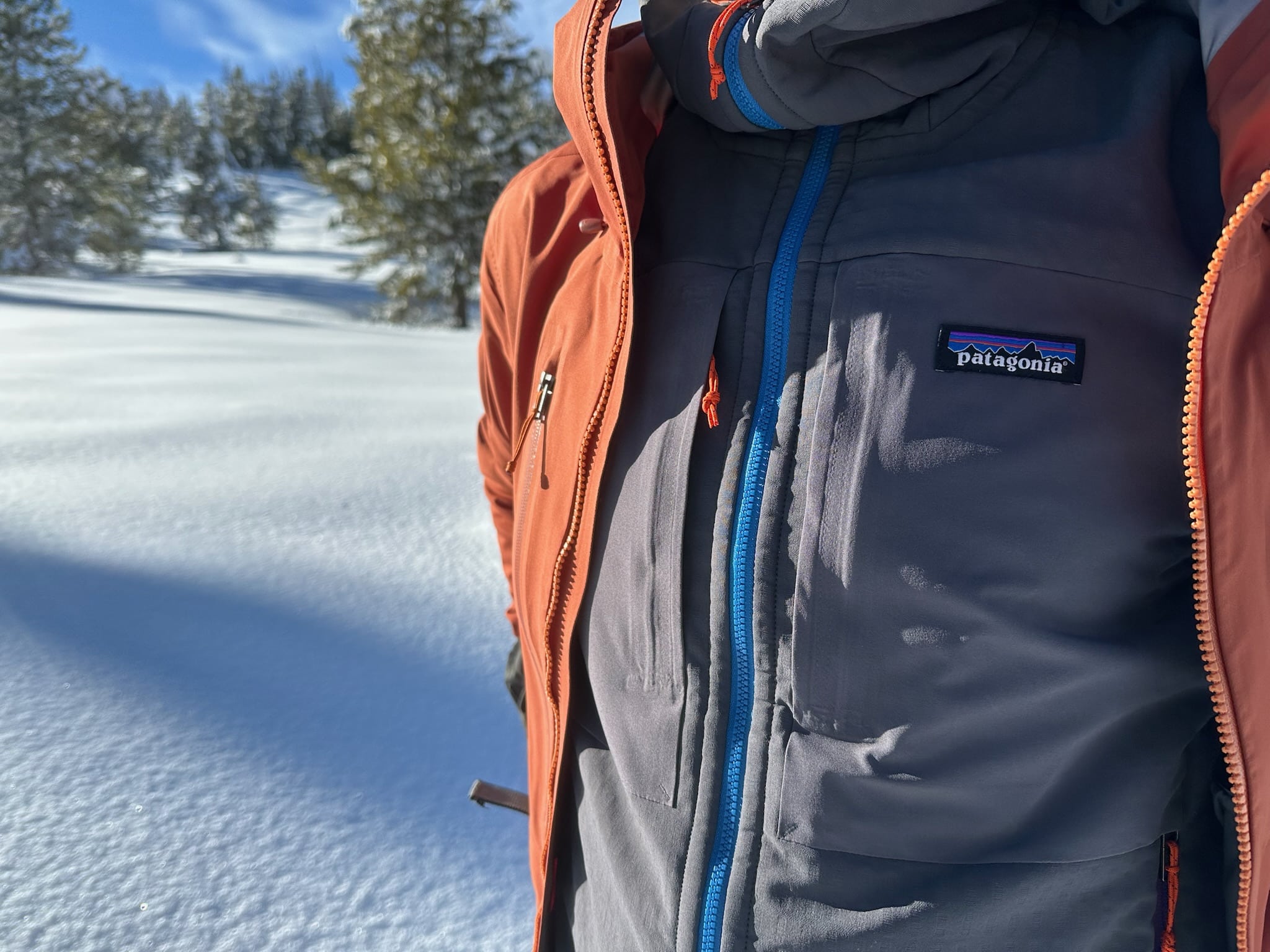 Wearing the Patagonia R2 techface under a Patagonia Stromstride backcountry ski jacket
