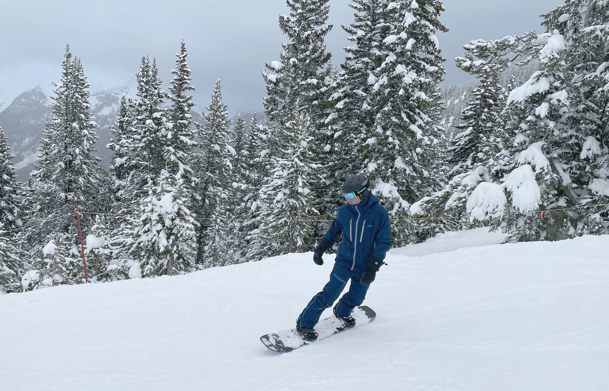 Stio Environ Jacket and Bib Pants snowboarding at Copper Mountain in Colorado