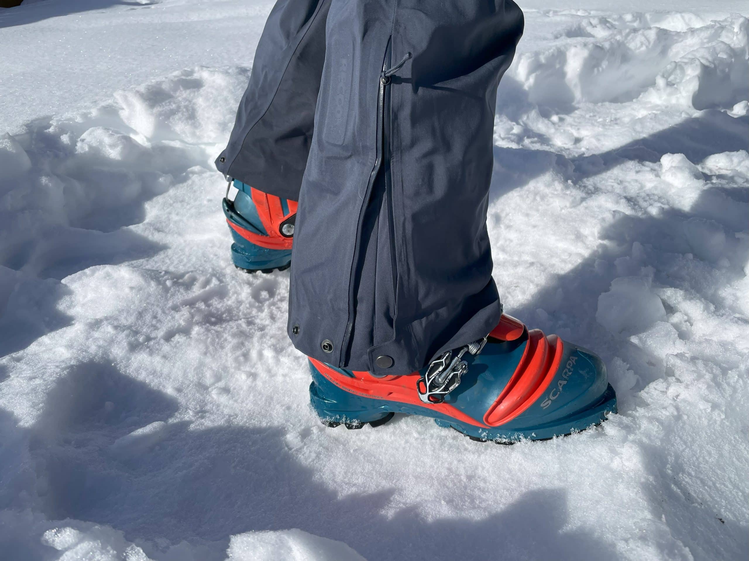The cuff adjustment on the Patagonia Stormstride ski pants
