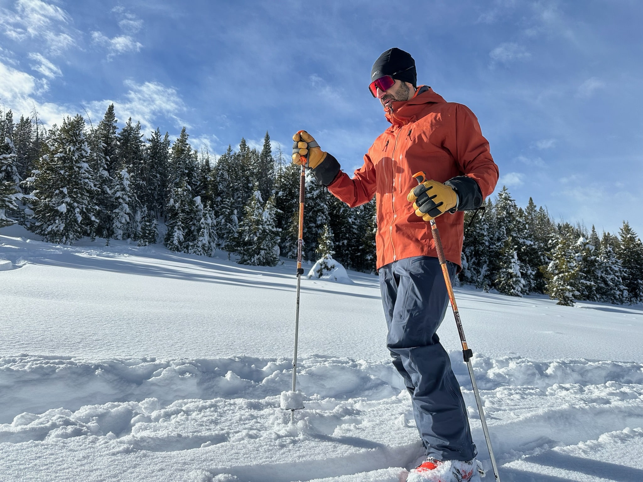 Ski touring in the Patagonia Stormstride ski pants.