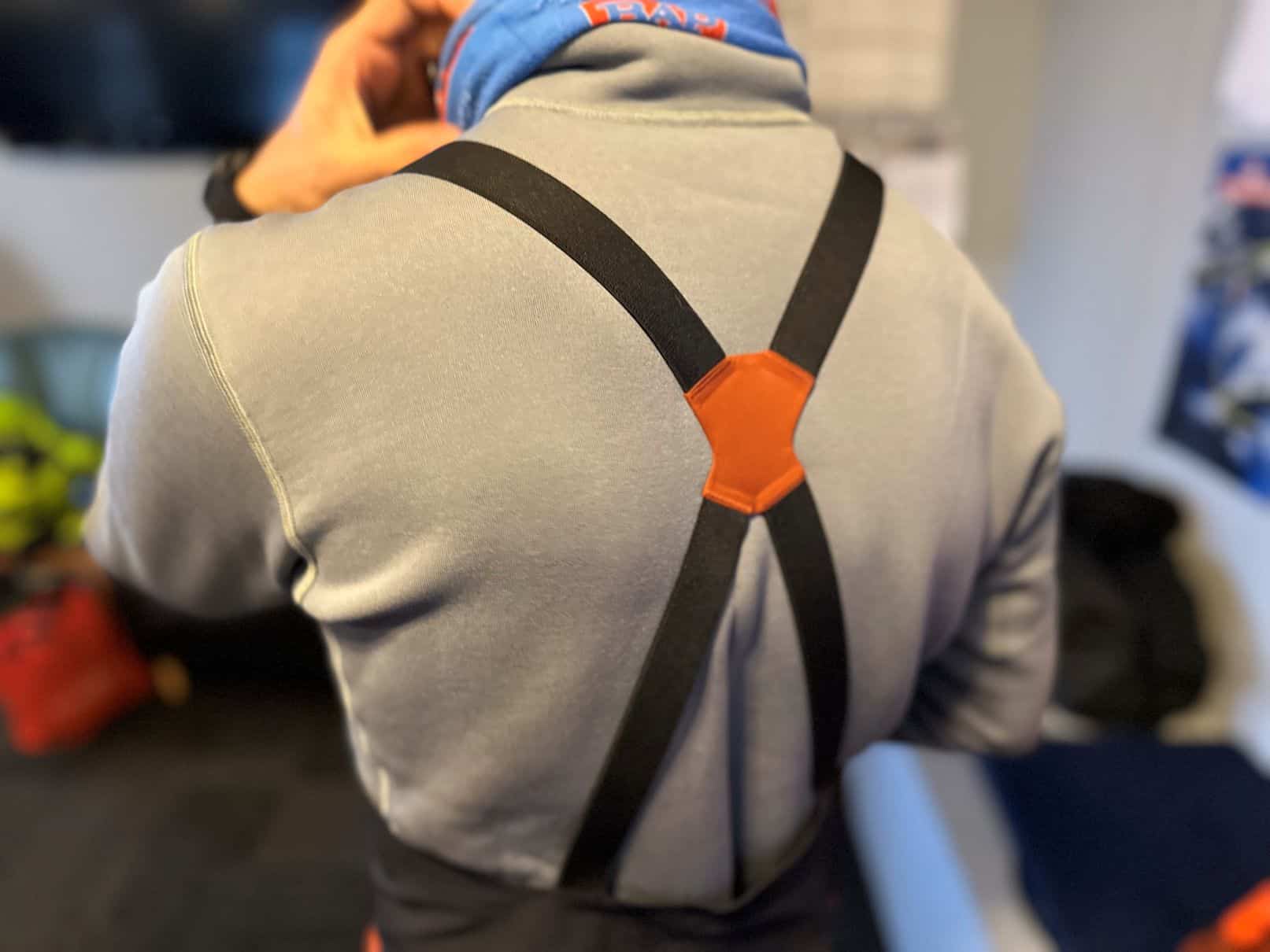 The suspender straps on a pair of Arc'teryx Rush Bib Pants.