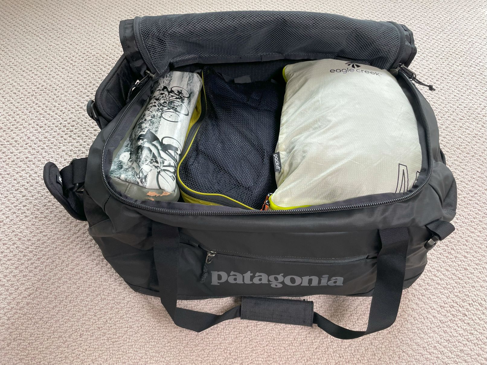 The Patagonia Black Hole Duffel 40L fully packed.