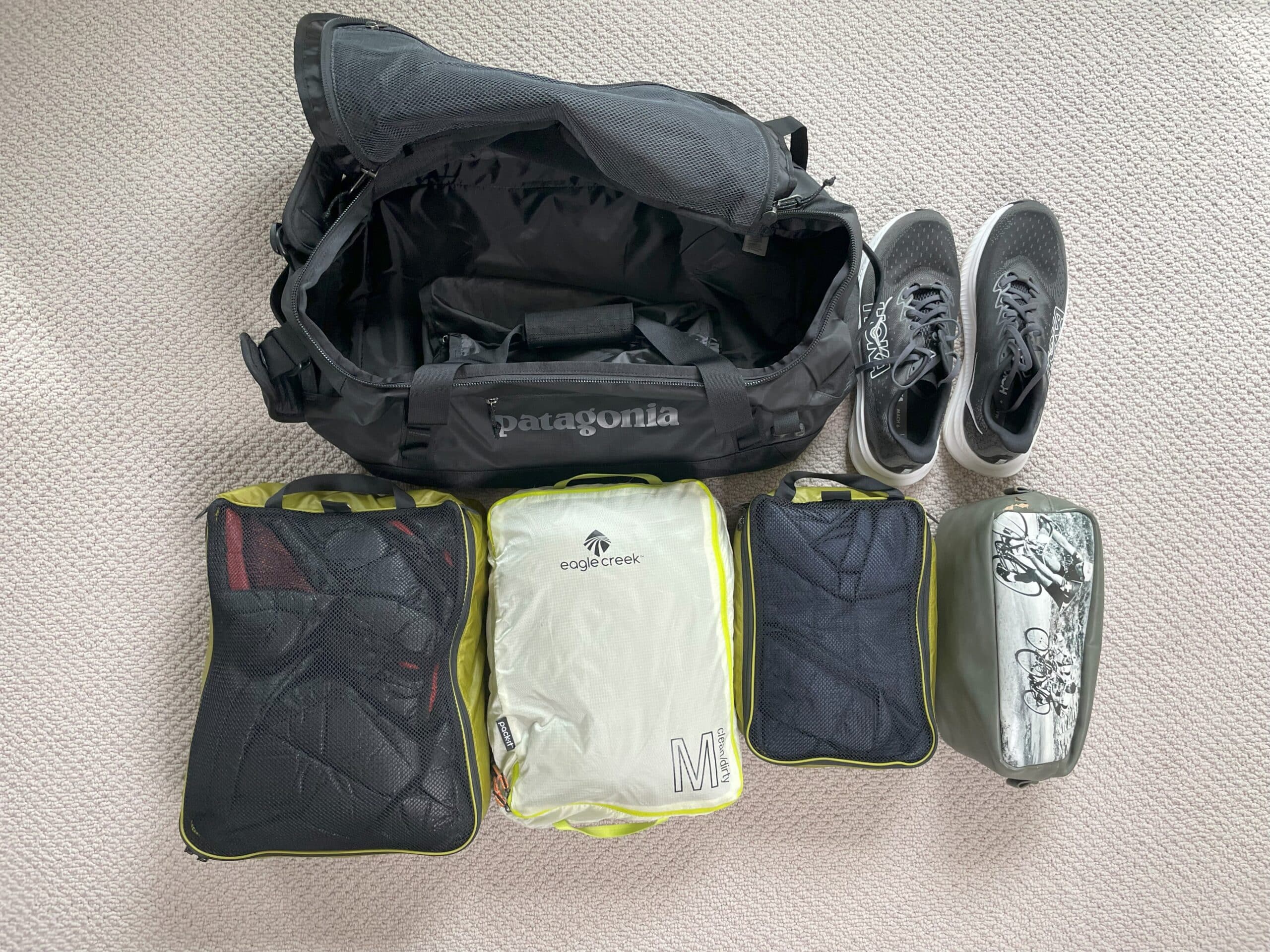 The Patagonia Black Hole Duffel 40L along with contents that can be packed inside.