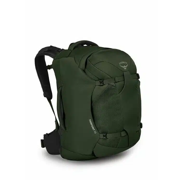 The Osprey Farpoint 55L travel backpack.