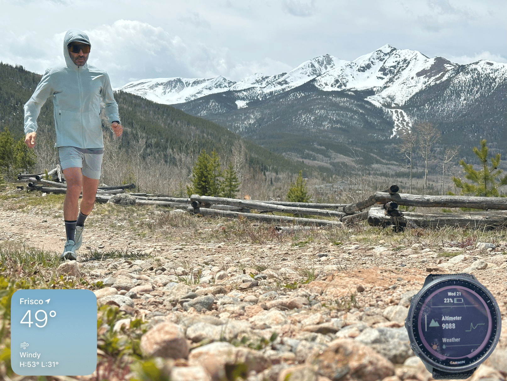 A man running in the mountains wearing the Arc'teryx Incendo Airshell Hoody.