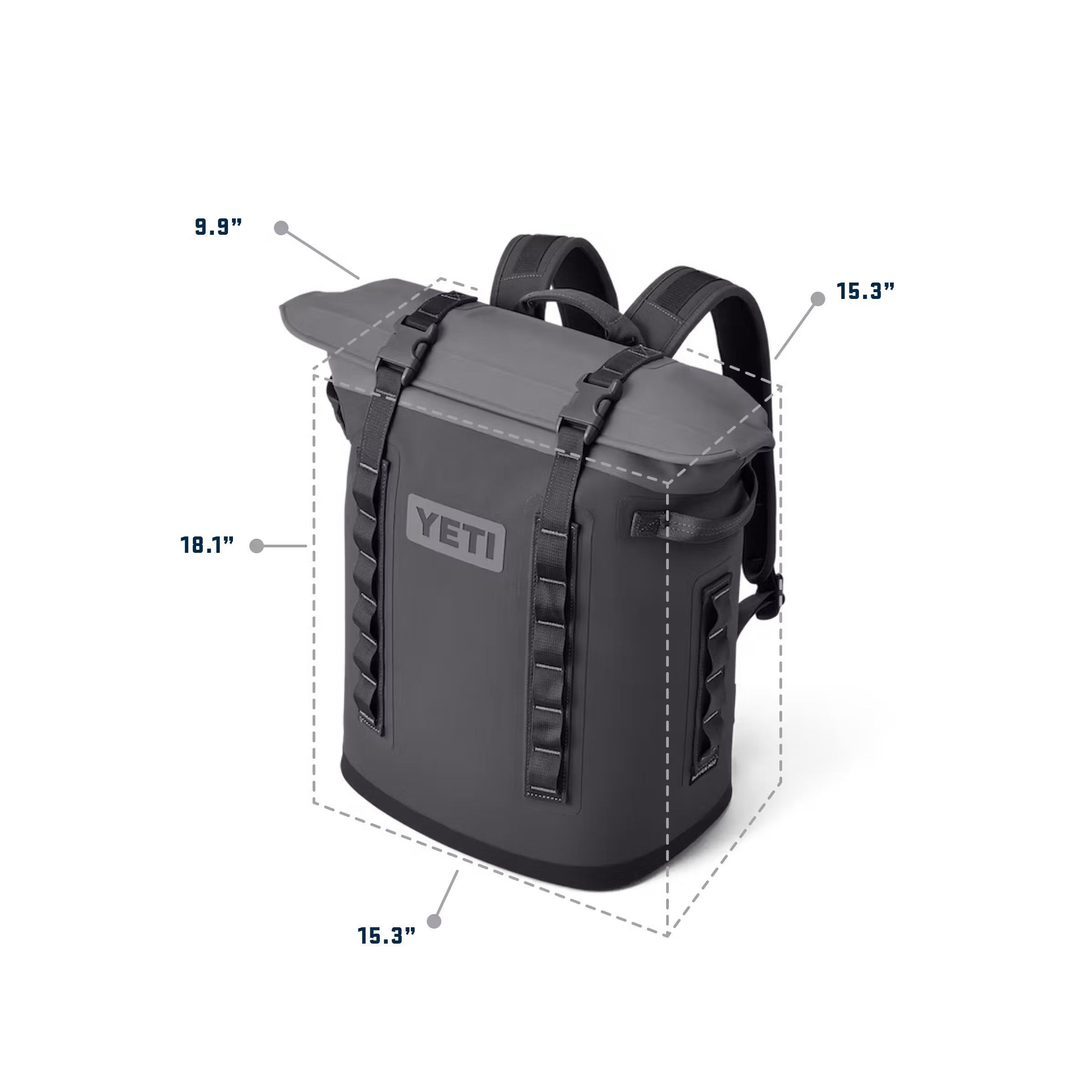 A diagram of the exterior dimensions of the YETI Hopper m20 backpack cooler.