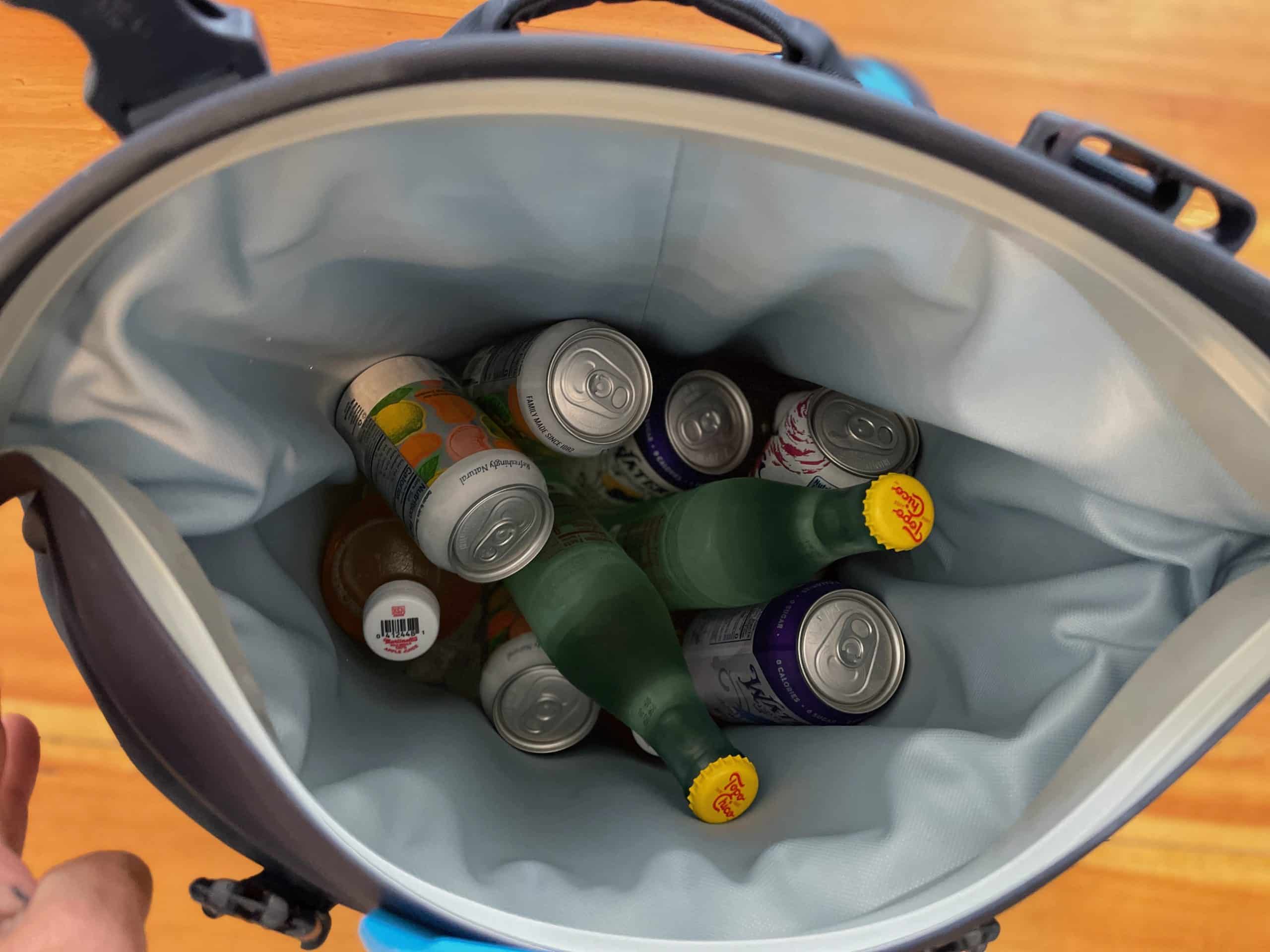 Showing beverages packed inside a YETI Hopper m20 backpack cooler.