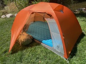 The Big Agnes Copper Spur UL2 XL ultralight backpacking tent pitched with the rainfly on.
