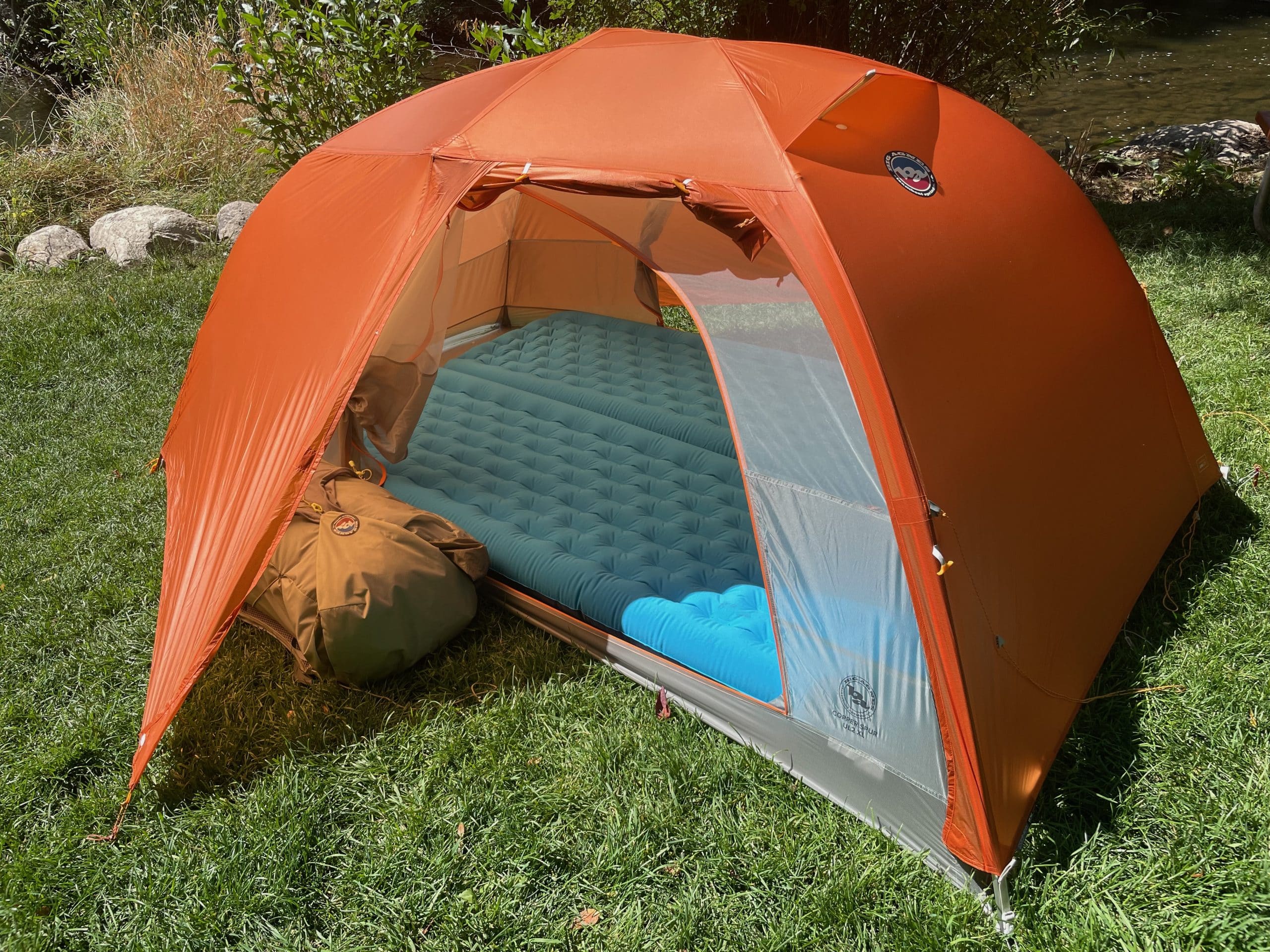 The Big Agnes Copper Spur UL2 XL ultralight backpacking tent pitched with the rainfly on.