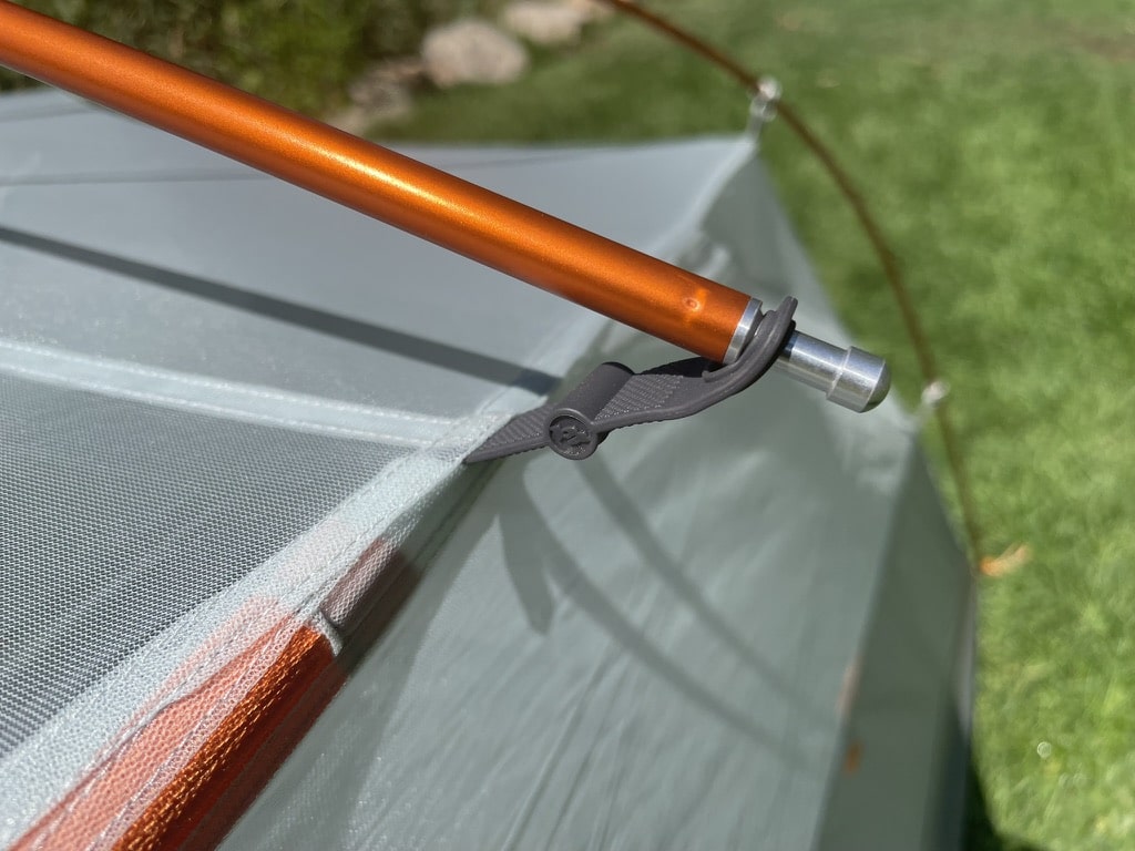 Closeup image of the crossover pole tip attachment on a Big Agnes Copper Spur UL2 tent.