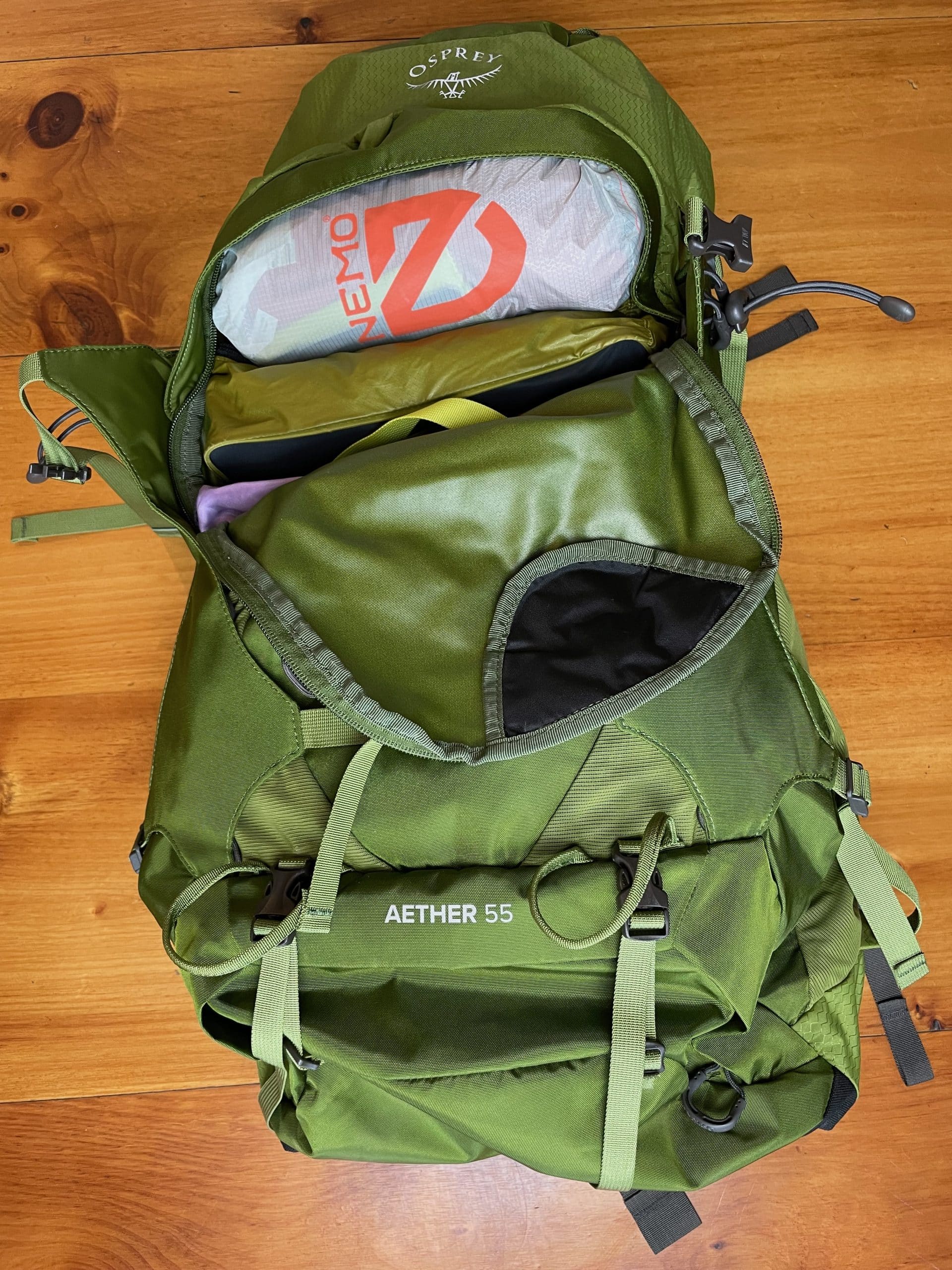 The front zippered access on the Osprey Aether 55 backpack.