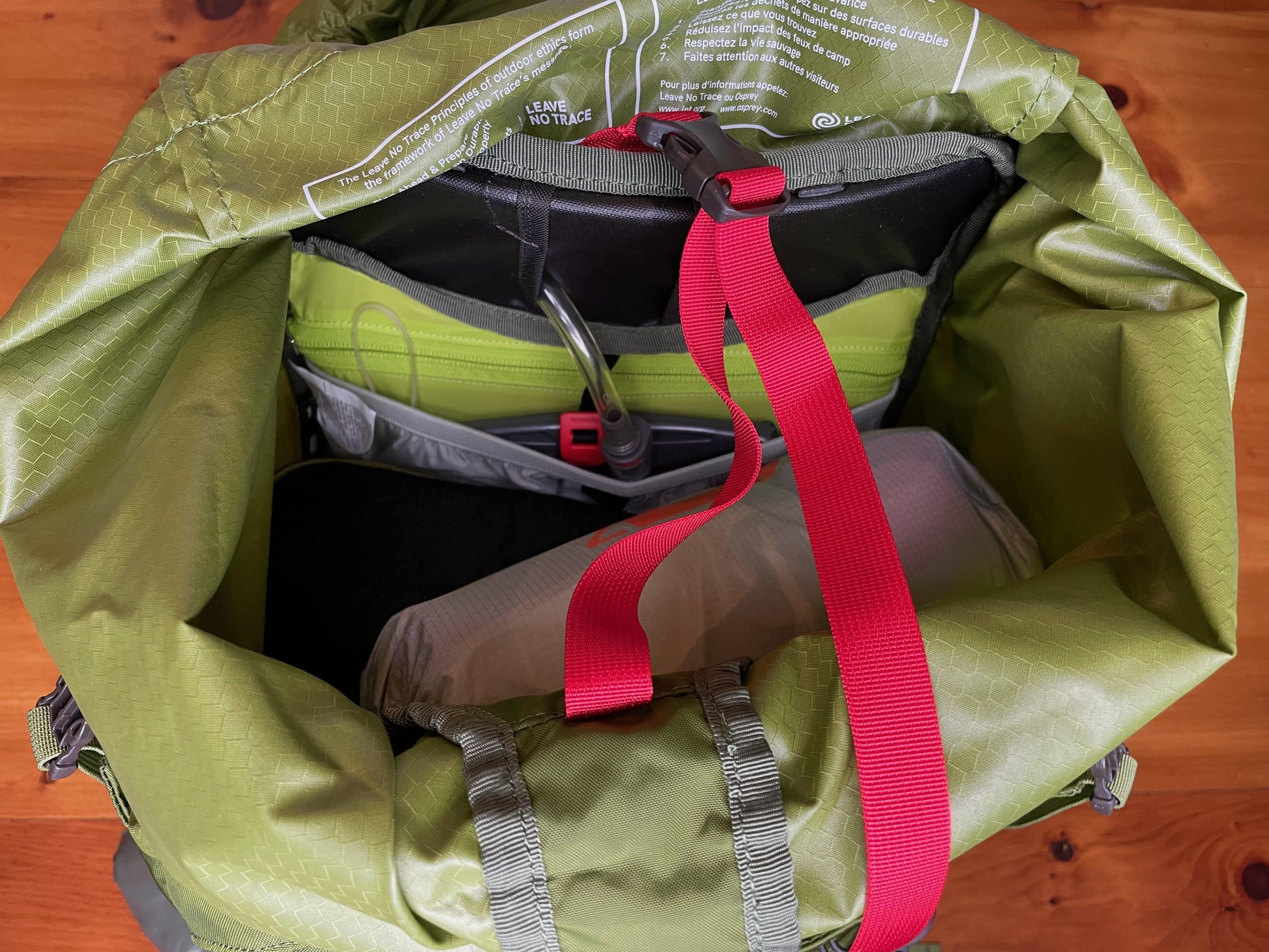 The main compartment on the Osprey Aether 55 backpack.
