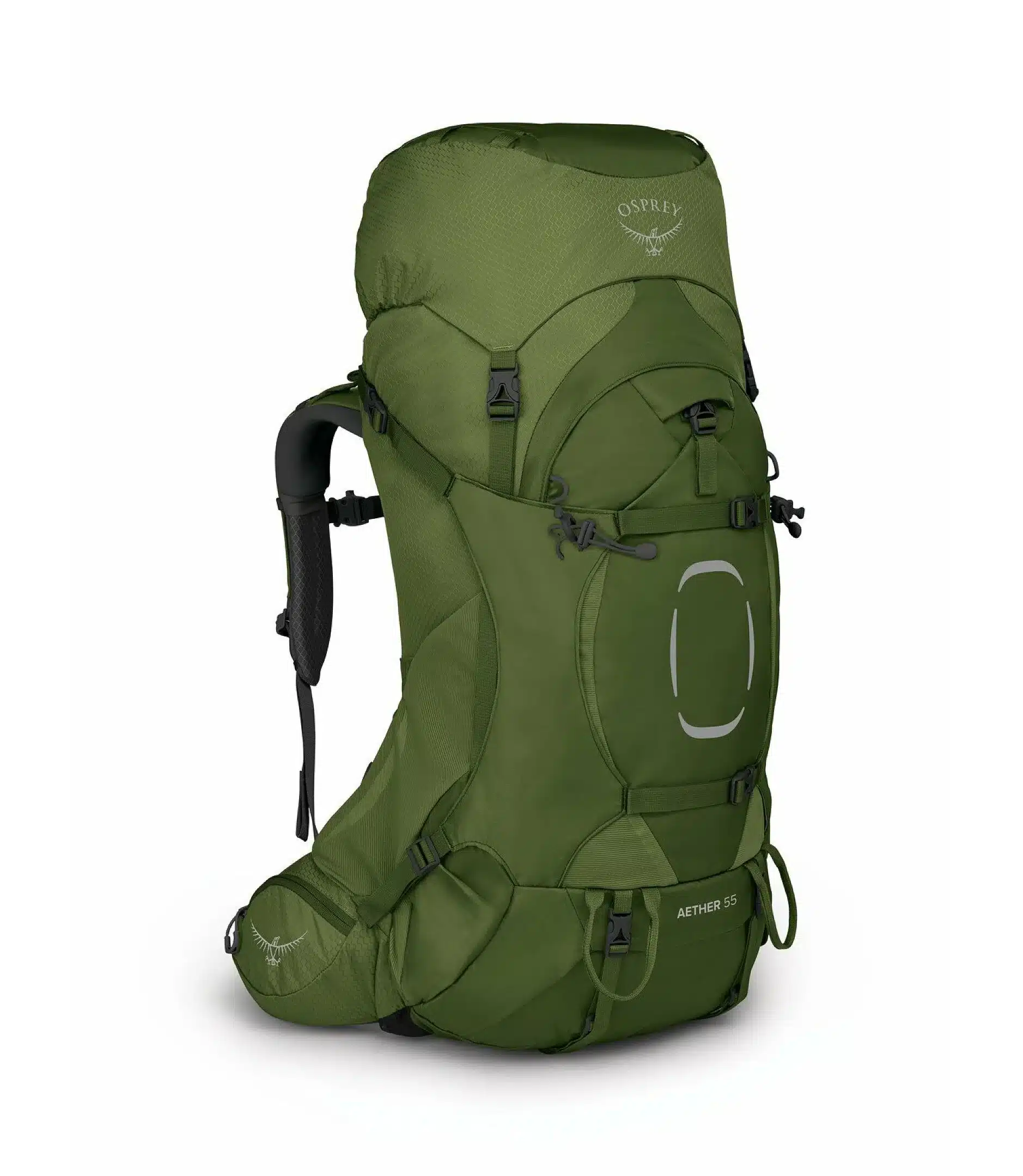 The Osprey Aether 55 backpack in garlic mustard green.