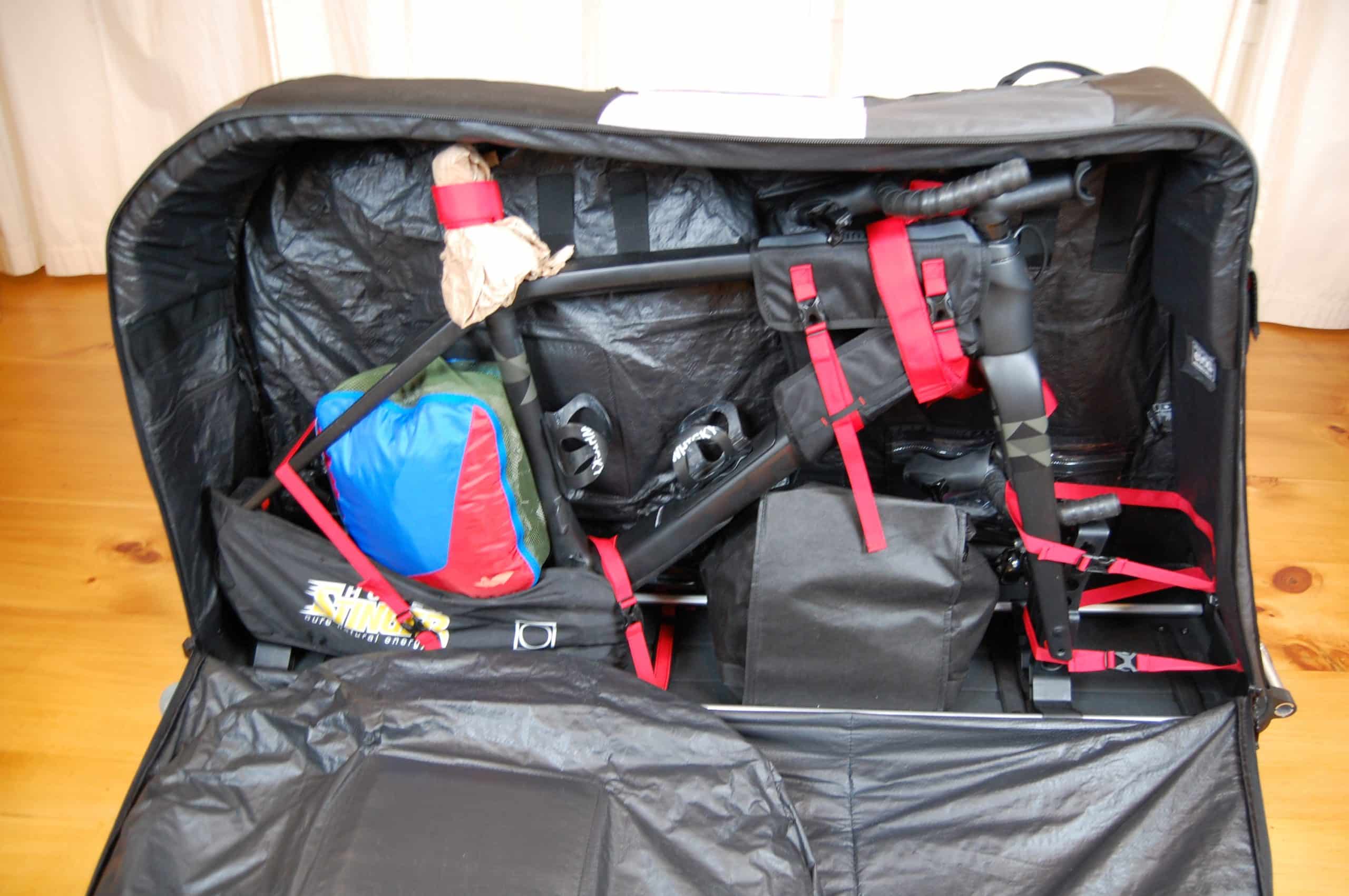 A gravel bike packed inside the Evoc Travel Bag Pro.