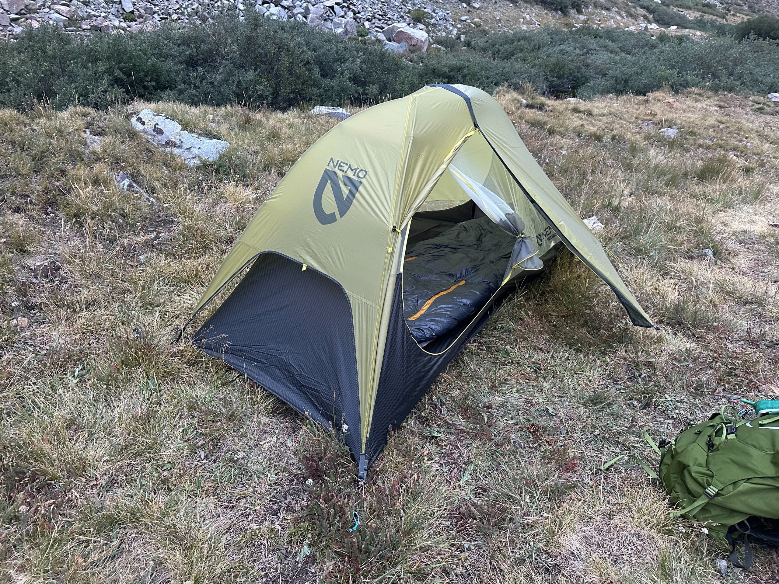 The Nemo Hornet OSMO 1 ultralight backpacking tent, with the door open.